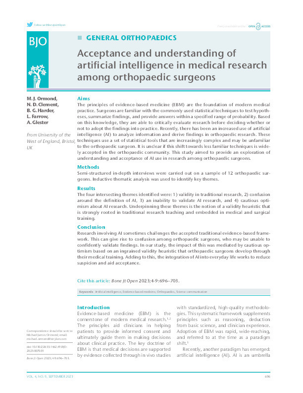 Acceptance and understanding of artificial intelligence in medical research among orthopaedic surgeons Thumbnail
