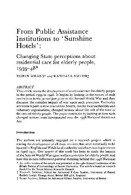 From Public Assistance Institutions to ‘Sunshine Hotels’: Changing State perceptions about residential care for elderly people, 1939-48 Thumbnail