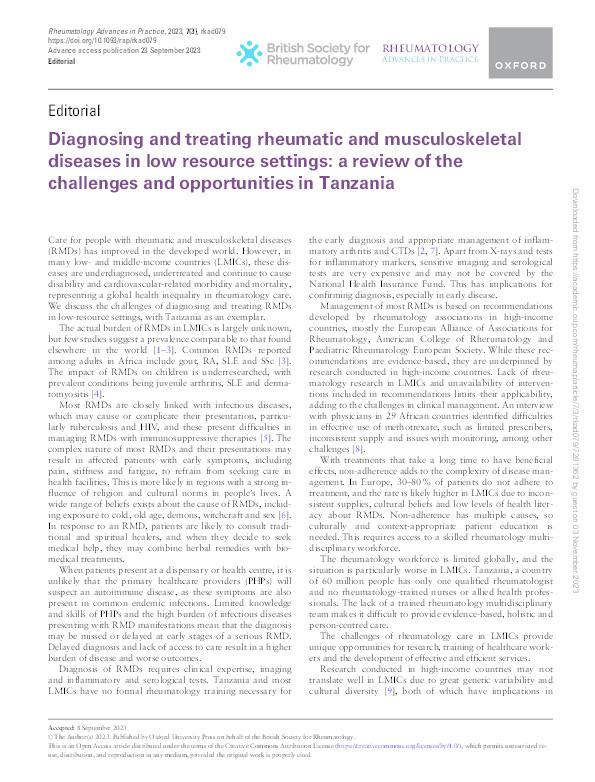Diagnosing and treating rheumatic and musculoskeletal diseases in low resource settings: A review of the challenges and opportunities in Tanzania Thumbnail
