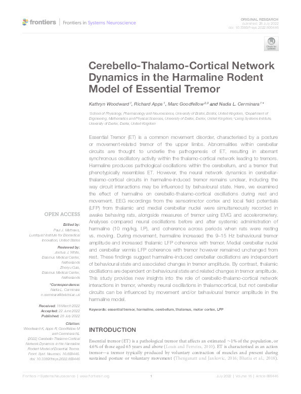 Cerebello-thalamo-cortical network dynamics in the harmaline rodent model of essential tremor Thumbnail