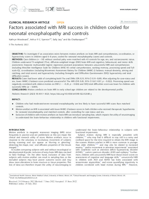 Factors associated with MRI success in children cooled for neonatal encephalopathy and controls Thumbnail