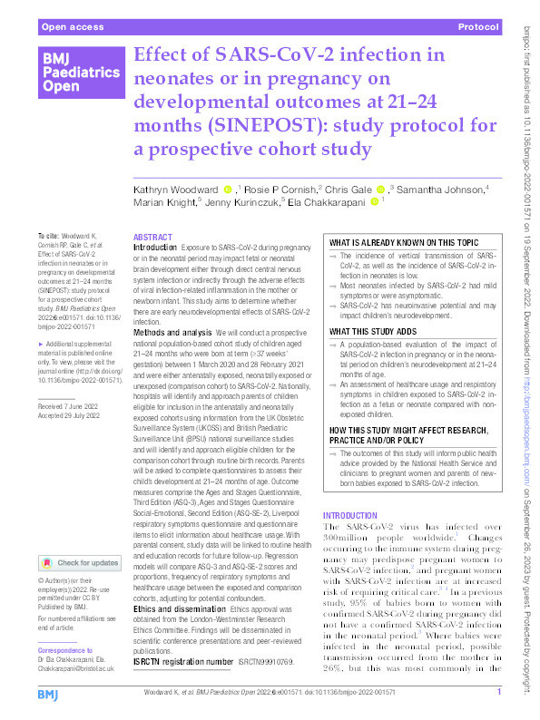 Effect of SARS-CoV-2 infection in neonates or in pregnancy on developmental outcomes at 21-24 months (SINEPOST): Study protocol for a prospective cohort study Thumbnail
