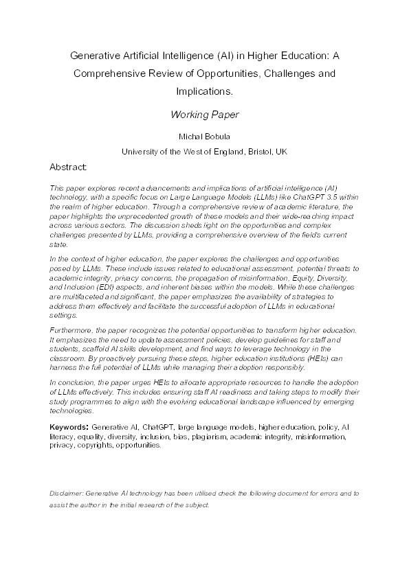 Generative Artificial Intelligence (AI) in higher education: A comprehensive review of opportunities, challenges and implications Thumbnail