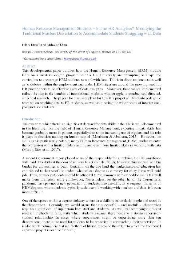 Human resource management students – but no HR analytics?  Modifying the traditional masters dissertation to accommodate students struggling with data Thumbnail