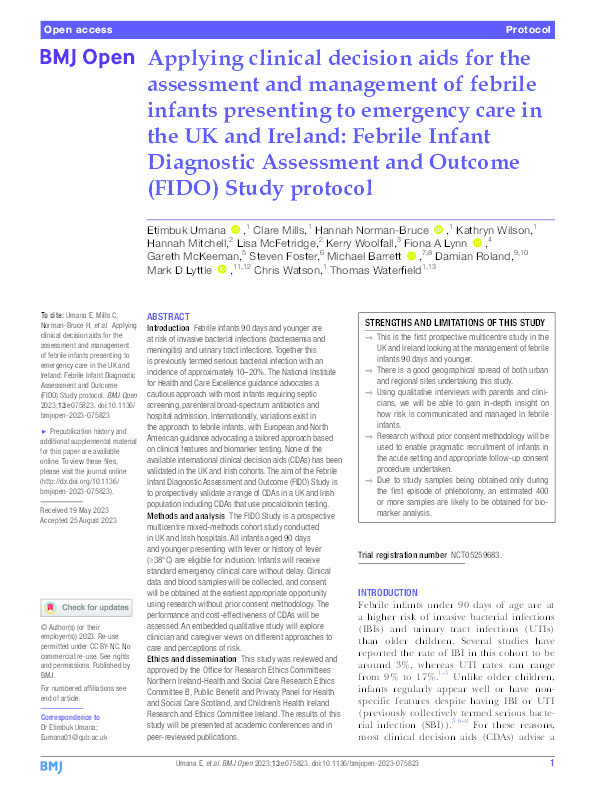Applying clinical decision aids for the assessment and management of febrile infants presenting to emergency care in the UK and Ireland: Febrile Infant Diagnostic Assessment and Outcome (FIDO) Study protocol Thumbnail