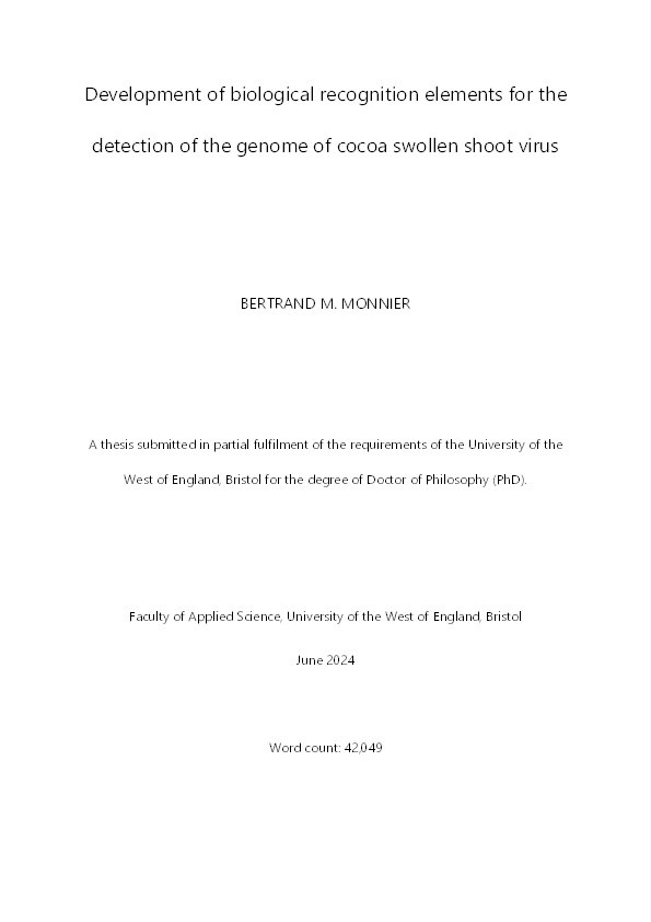 Development of biological recognition elements for the detection of the genome of cocoa swollen shoot virus Thumbnail