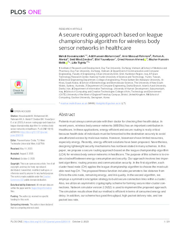 A secure routing approach based on league championship algorithm for wireless body sensor networks in healthcare Thumbnail