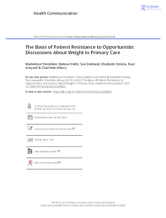 The Basis of Patient Resistance to Opportunistic Discussions About Weight in Primary Care Thumbnail