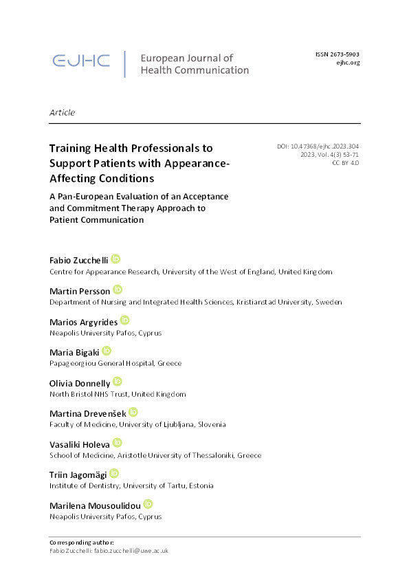 Training health professionals to support patients with appearance-affecting conditions: A pan-European evaluation of an acceptance and commitment therapy approach to patient communication Thumbnail