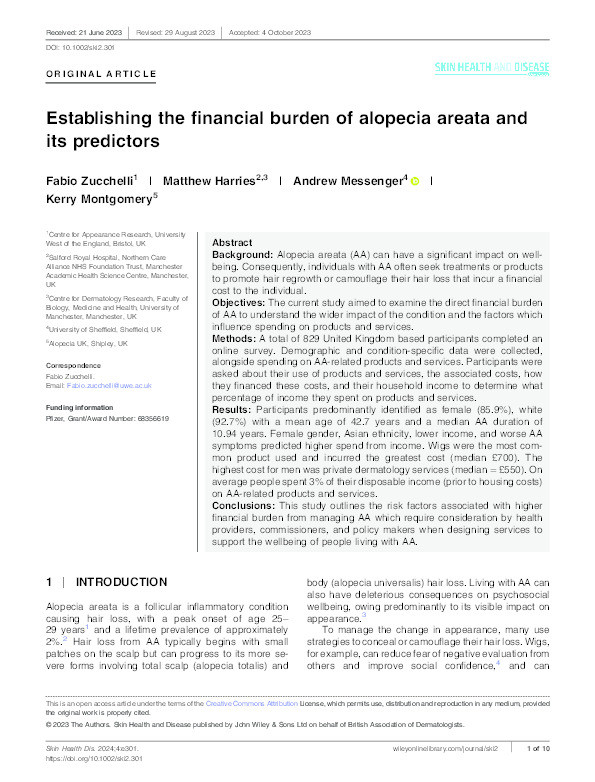 Establishing the financial burden of alopecia areata and its predictors Thumbnail
