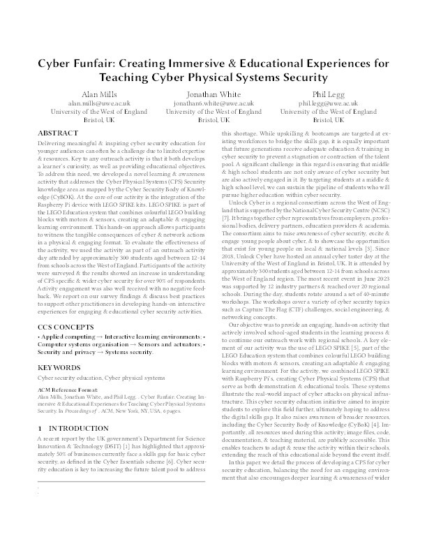 Cyber Funfair: Creating immersive and educational experiences for teaching Cyber Physical Systems Security Thumbnail