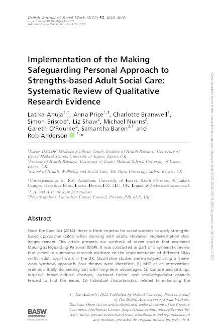 Implementation of the making safeguarding personal approach to strengths-based adult social care: Systematic review of qualitative research evidence Thumbnail