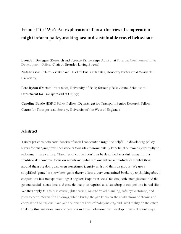 From ‘I’ to ‘we’: An exploration of how theories of cooperation might inform policymaking around sustainable travel behaviour Thumbnail