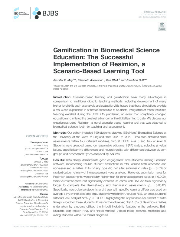 Gamification in biomedical science education: The successful implementation of Resimion, a scenario-based learning tool Thumbnail