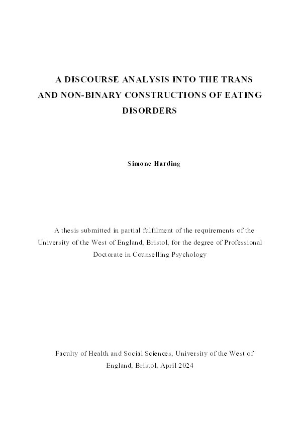 Discursive analysis into the trans and non-binary experiences of eating disorders Thumbnail