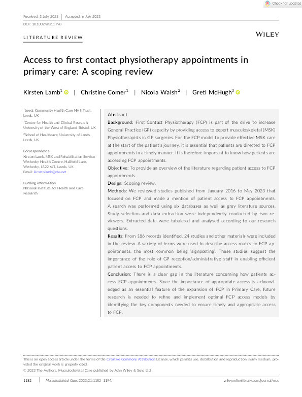 Access to first contact physiotherapy appointments in primary care Thumbnail
