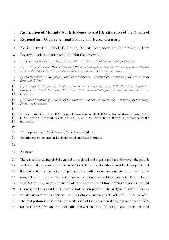 Application of multiple stable isotopes to aid identification of the origin of regional and organic animal products in Hesse, Germany Thumbnail