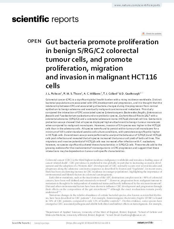 Gut bacteria promote proliferation in benign S/RG/C2 colorectal tumour cells, and promote proliferation, migration and invasion in malignant HCT116 cells Thumbnail