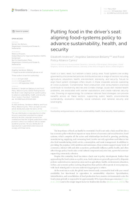 Putting food in the driver’s seat: Aligning food-systems policy to advance sustainability, health, and security Thumbnail