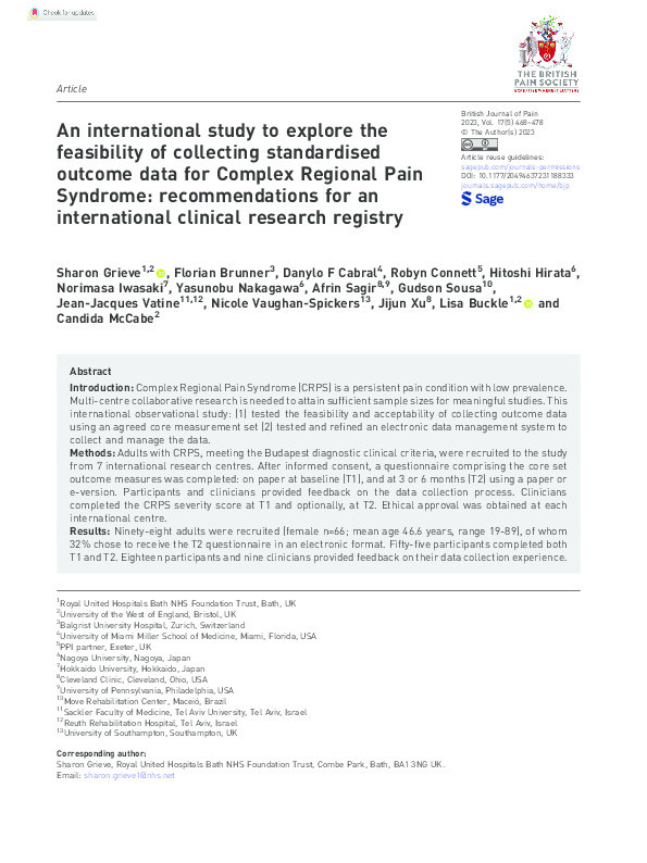 An international study to explore the feasibility of collecting standardised outcome data for Complex Regional Pain Syndrome: Recommendations for an international clinical research registry Thumbnail