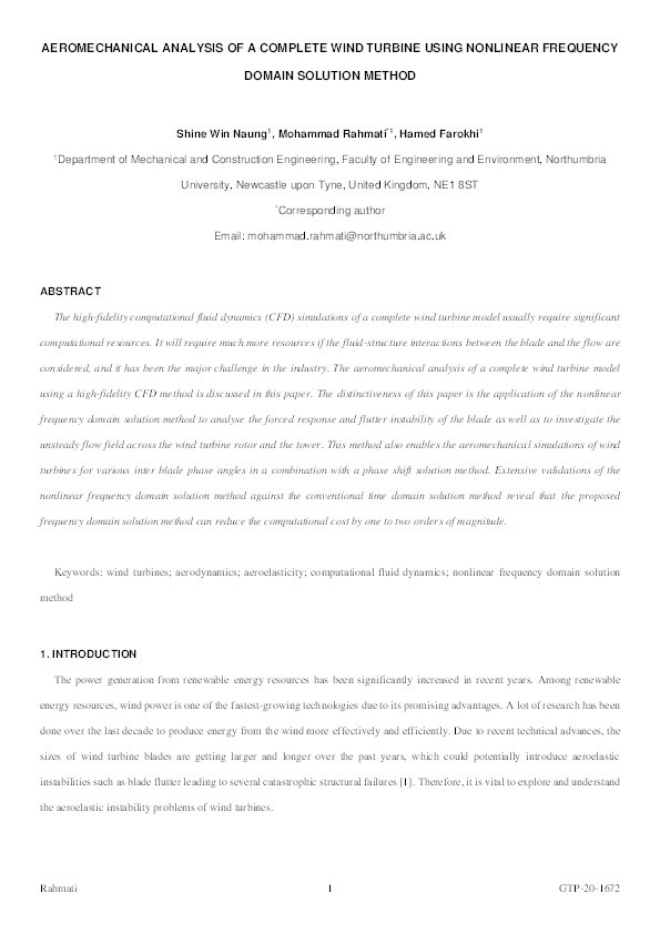 Aeromechanical analysis of a complete wind turbine using nonlinear frequency domain solution method Thumbnail