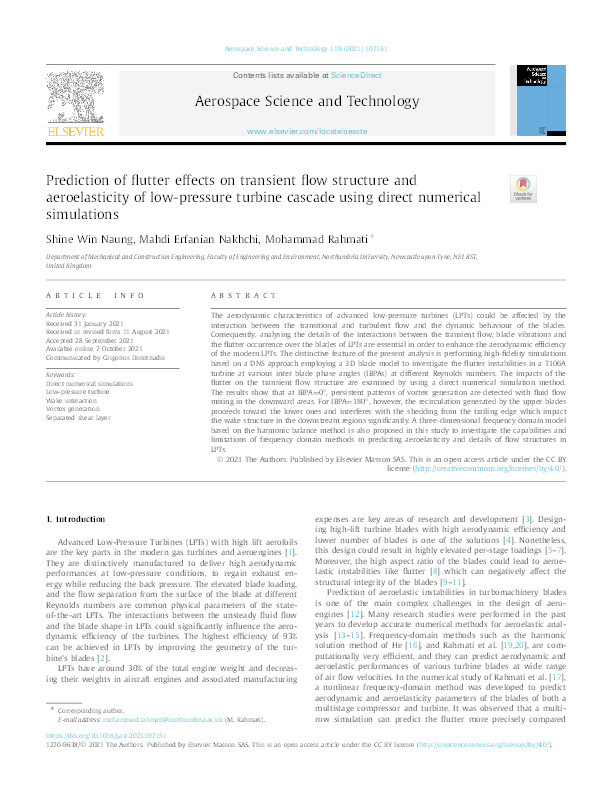 Prediction of flutter effects on transient flow structure and aeroelasticity of low-pressure turbine cascade using direct numerical simulations Thumbnail