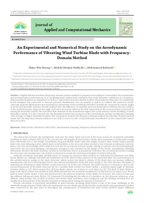 An experimental and numerical study on the aerodynamic performance of vibrating wind turbine blade with frequency-domain method Thumbnail