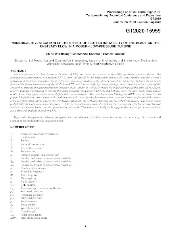 Numerical investigation of the effect of flutter instability of the blade on the unsteady flow in a modern low-pressure turbine Thumbnail