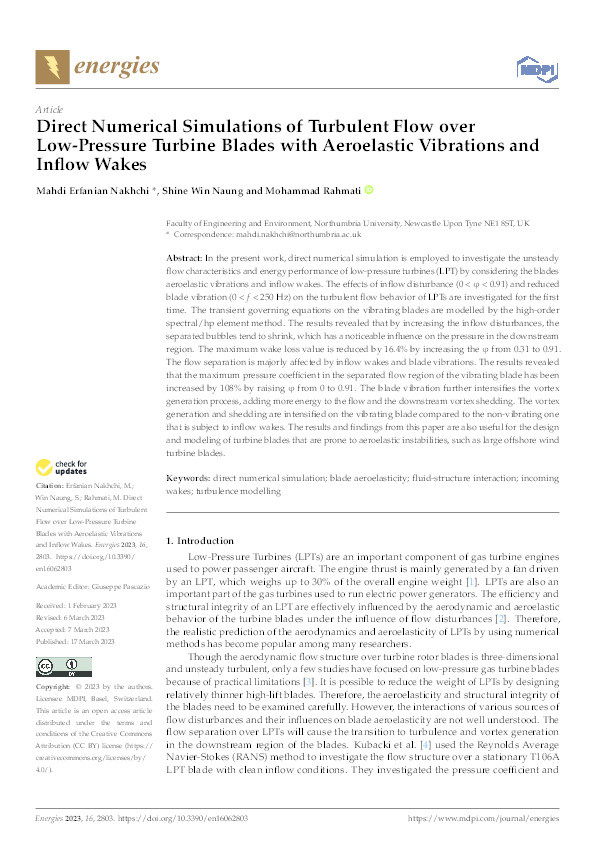 Direct numerical simulations of turbulent flow over low-pressure turbine blades with aeroelastic vibrations and inflow wakes Thumbnail