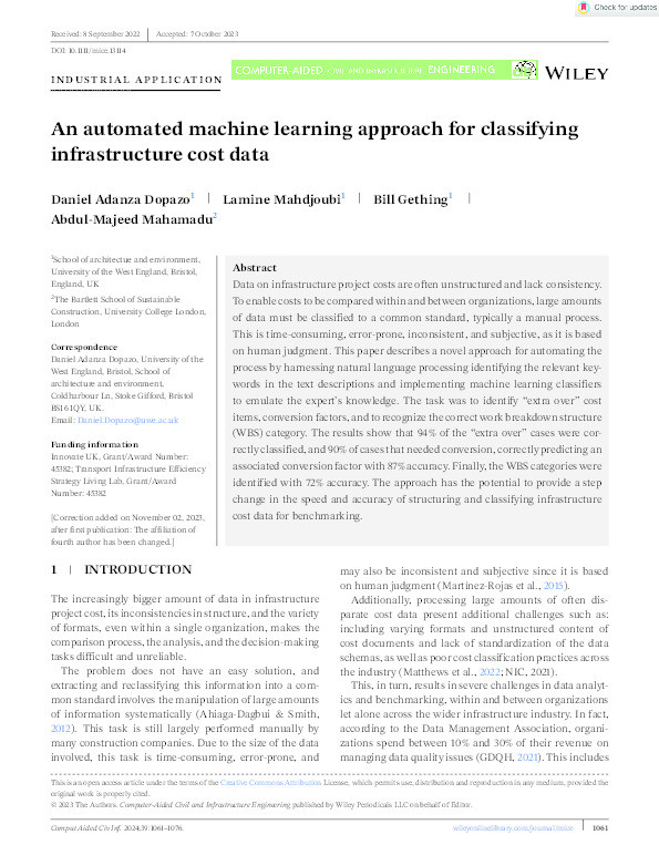 An automated machine learning approach for classifying infrastructure cost data Thumbnail