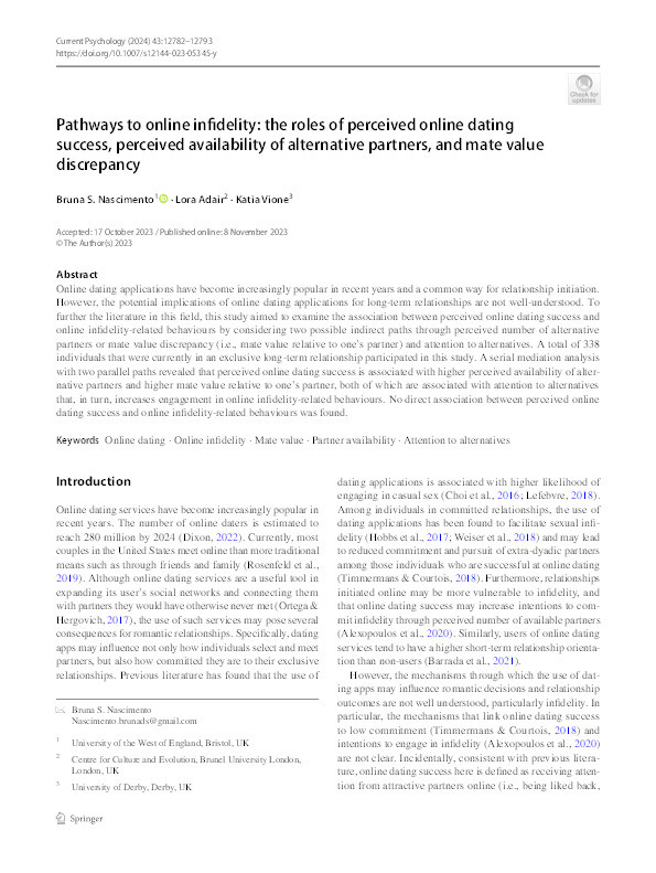 Pathways to online infidelity: The roles of perceived online dating success, perceived availability of alternative partners, and mate value discrepancy Thumbnail