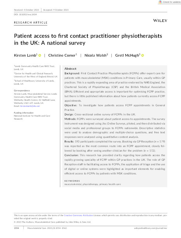 Patient access to first contact practitioner physiotherapists in the UK: A national survey Thumbnail