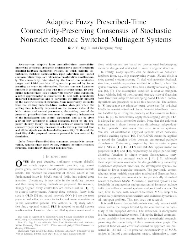 Adaptive fuzzy prescribed-time connectivity-preserving consensus of stochastic nonstrict-feedback switched multiagent systems Thumbnail