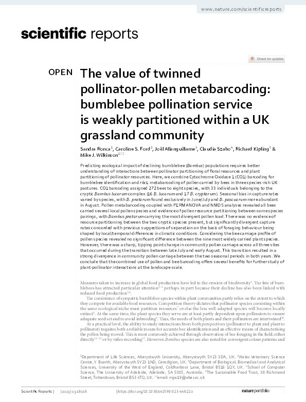 The value of twinned pollinator-pollen metabarcoding: Bumblebee pollination service is weakly partitioned within a UK grassland community Thumbnail