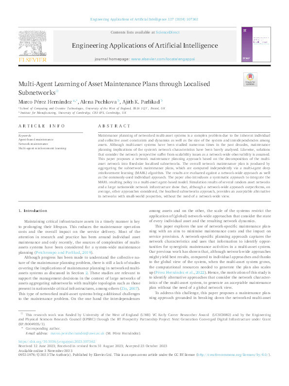 Multi-agent learning of asset maintenance plans through localised subnetworks Thumbnail