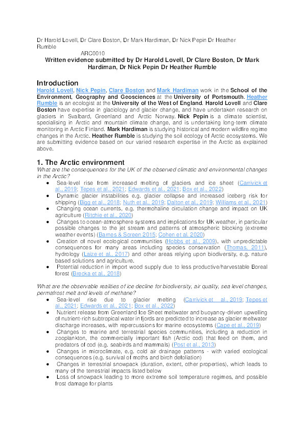 ARC0010 Written evidence submitted to The UK and the Arctic Environment Inquiry Thumbnail