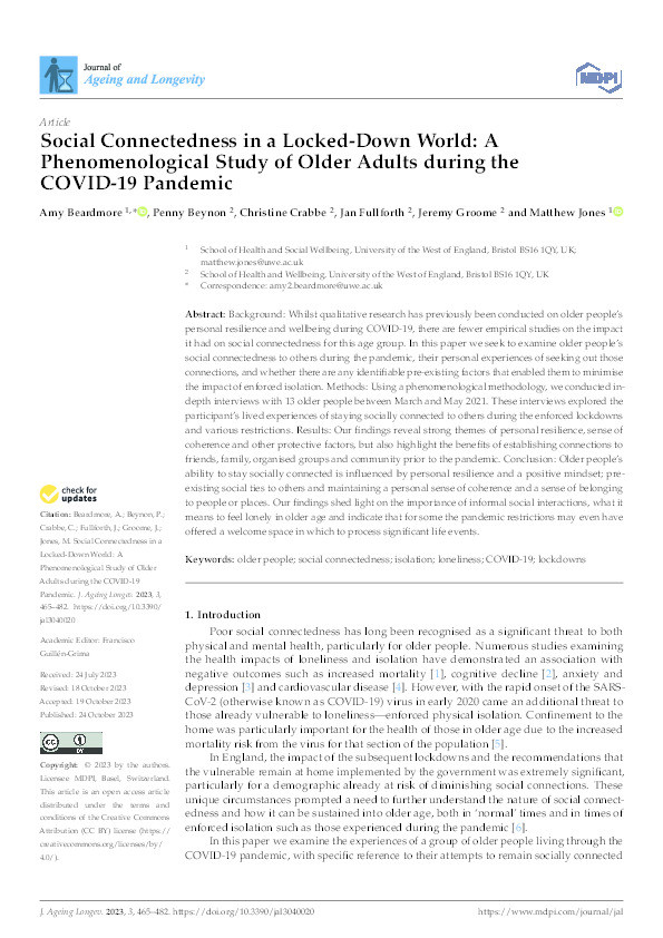 Social connectedness in a locked-down world: A phenomenological study of older adults during the COVID-19 pandemic Thumbnail