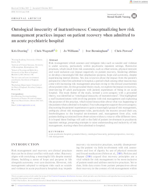 Ontological insecurity of inattentiveness: Conceptualizing how risk management practices impact on patient recovery when admitted to an acute psychiatric hospital Thumbnail