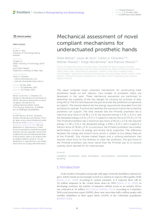 Mechanical assessment of novel compliant mechanisms for underactuated prosthetic hands Thumbnail