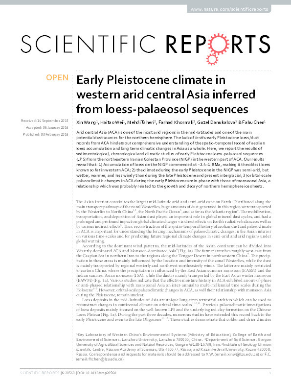 Early Pleistocene climate in western arid central Asia inferred from loess-palaeosol sequences Thumbnail