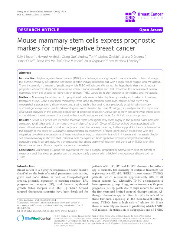 Mouse mammary stem cells express prognostic markers for triple-negative breast cancer Thumbnail