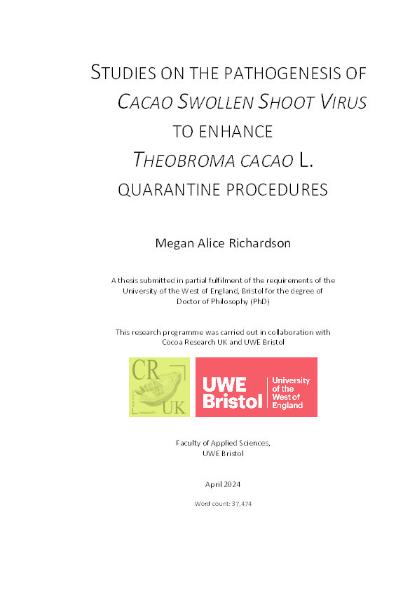 Studies on the pathogenesis of cacao swollen shoot virus to enhance the theobroma cacao l. Quarantine procedures with appendicies Thumbnail