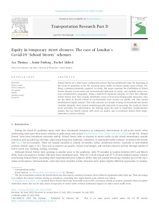 Equity in temporary street closures: The case of London's Covid-19 ‘School Streets’ schemes Thumbnail