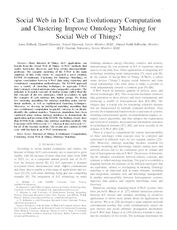 Social web in IoT: Can evolutionary computation and clustering improve ontology matching for social web of things? Thumbnail
