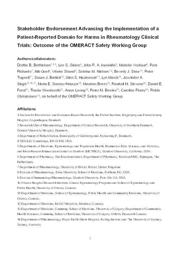 Stakeholder endorsement advancing the implementation of a patient-reported domain for harms in rheumatology clinical trials: Outcome of the OMERACT Safety Working Group Thumbnail