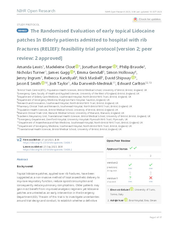 The Randomised Evaluation of early topical Lidocaine patches In Elderly patients admitted to hospital with rib Fractures (RELIEF): Feasibility trial protocol Thumbnail