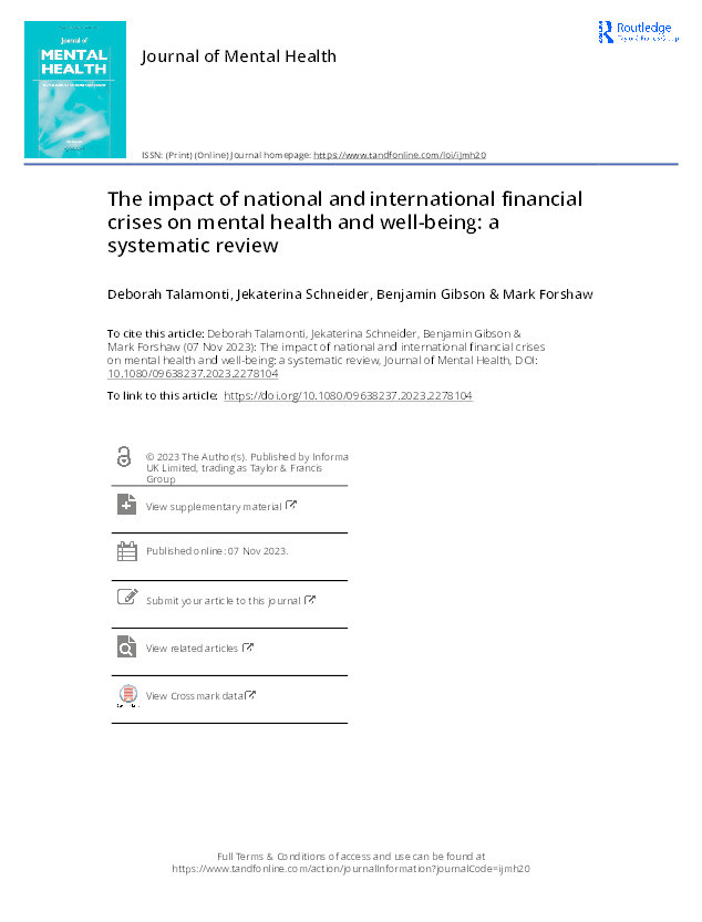 The impact of national and international financial crises on mental health and well-being: A systematic review Thumbnail