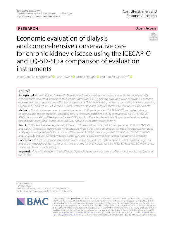 Economic evaluation of dialysis and comprehensive conservative care for chronic kidney disease using the ICECAP-O and EQ-5D-5L; a comparison of evaluation instruments Thumbnail