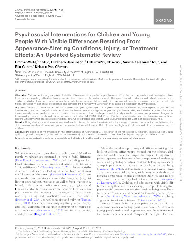 Psychosocial interventions for children and young people with visible differences resulting from appearance-altering conditions, injury, or treatment effects: An updated systematic review Thumbnail