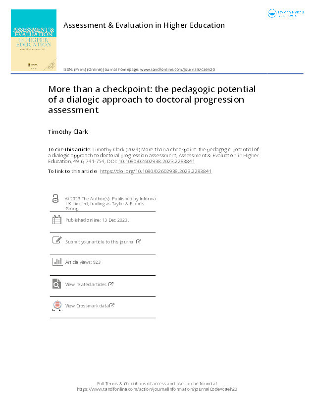 More than a checkpoint: The pedagogic potential of a dialogic approach to doctoral progression assessment Thumbnail